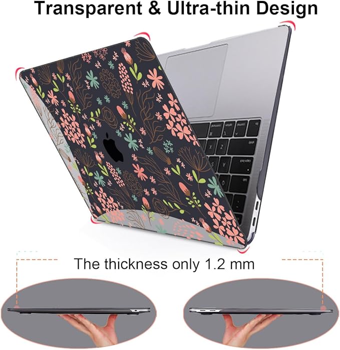 LCMOCICO for MacBook Air 13 inch Case 2021 2020 2019 2018 Release M1 A2337 A2179 A1932, Pritned Pattern Plastic Hard Case Cover for MacBook Air 13.3" Retina Display Touch ID, Seamless Flower Black