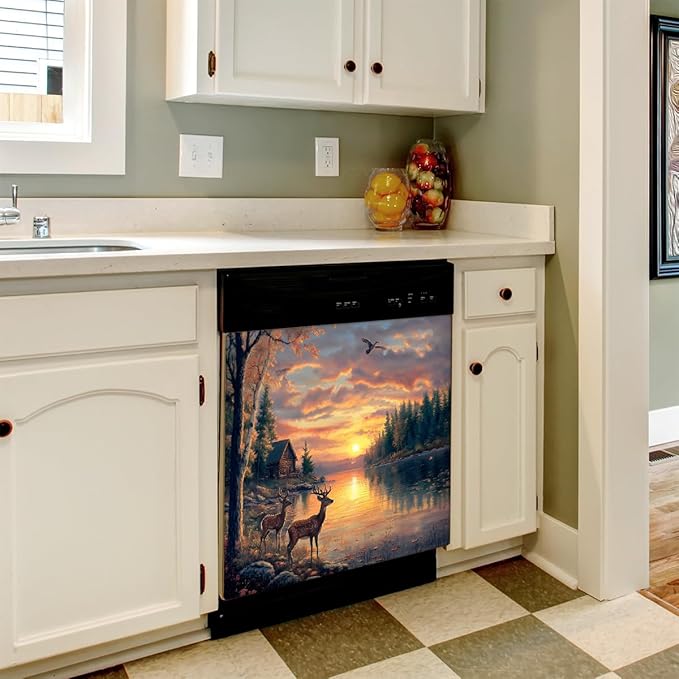 Autumn Lake Deer Sunset Dishwasher Magnet Cover for The Front Magnetic Dishwasher Door Covers Dish Washer Sticker Wrap Home Decorative Appliances Panel Decal Kitchen Decor 23" x 26" (Magnetic)