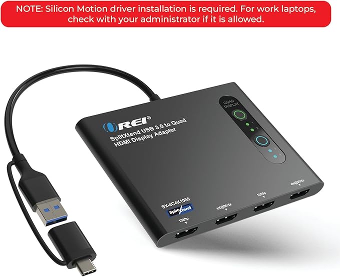 OREI SplitExtend HDMI Splitter Extended Display for Quad Monitor - Laptop Multiple Monitor Adapter with 4 Displays - USB-C to HDMI Adapter, 2X 4K@30Hz & 2X 1080p - Drivers Required - Windows/Mac