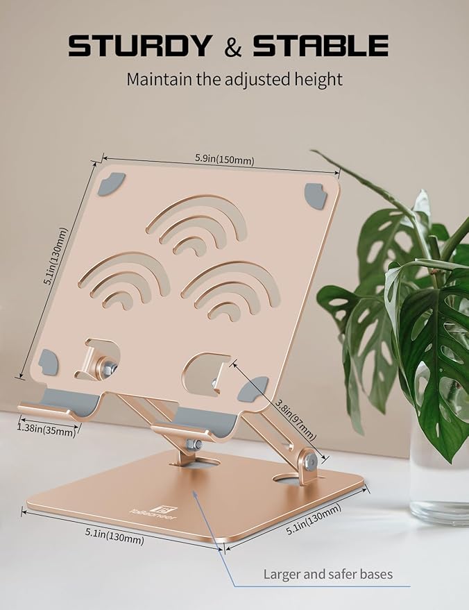 ToBeoneer Tablet Stand, Adjustable Tablet Holder for Desk, Premium Aluminum Portable Holder for iPads, Kindle, Switch, and Smartphones, Fits 4-12" Devices Gold, Pro Size