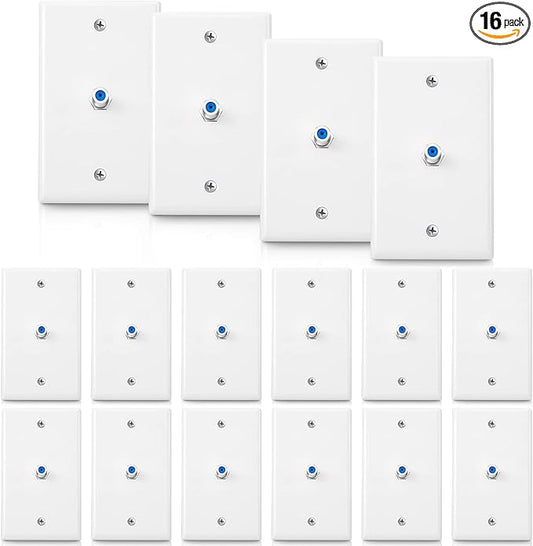 Weewooday 16 Pcs 1-Port TV Cable Wall Plate with F Connector Coax Wall Plate Video Jack Single Gang (Blue)