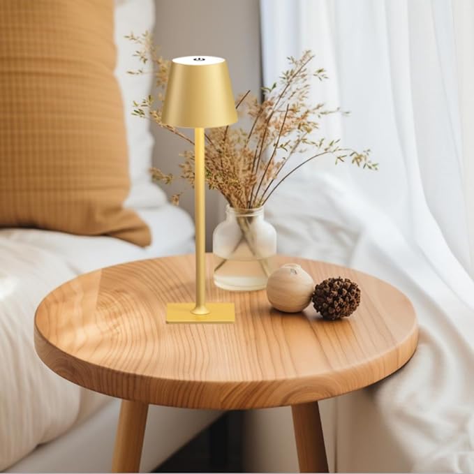 Fizrice Cordless Table Lamp, 6000mAh Battery Operated, 250LM Adjustable Brightness IP65 Height Adjustable - Set of 2 Gold Wireless Lamps for Restaurant Patio Bedside Outdoor Cafe & Home Decor