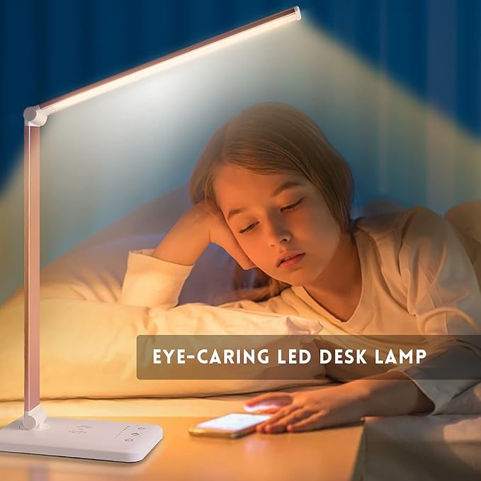 JOSTIC LED Desk Lamp with Wireless Charger, USB Charging Port, Desk Lighting with 10 Brightness, 5 Color Modes, Dimmable Eye Caring Reading Desk Lamps for Home Office, Touch Control, Auto Timer, Pink