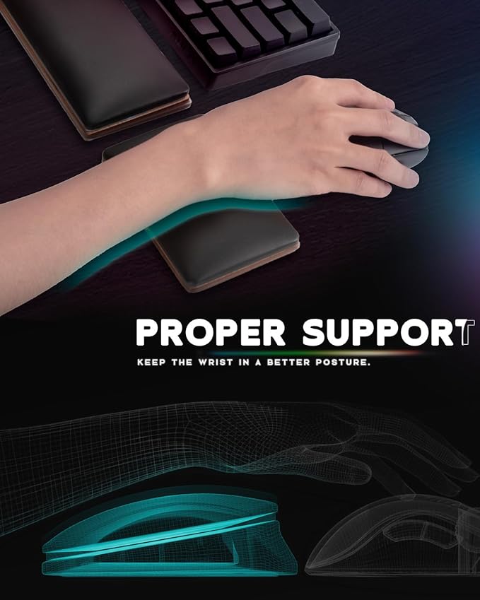 ASFSKY RGB Keyboard and Mouse Wrist Rest Set for 60%-75% Compact Keyboards – Ergonomic Wooden Support Pad with PU Leather & Memory Foam, Anti-Slip Rubber Base for Gaming, Office & Typing Pain Relief