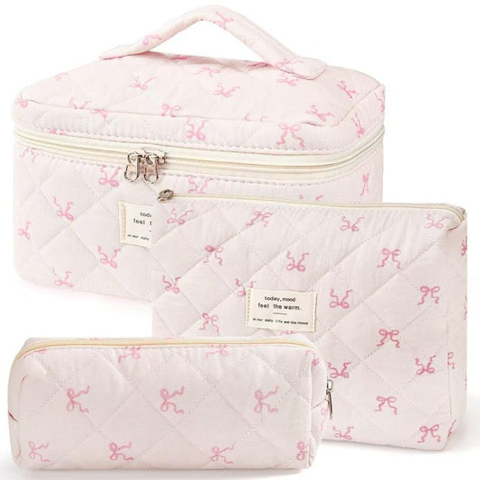 MZLUWM 3Pcs Makeup Bag Cute Cosmetic Bags for Women, Large Capacity Travel Quilted Makeup Bag Set,Cotton Floral Makeup Pouch, Coquette Puffy Toiletry Bag,Attractive Quilted Pouch (Pink bow)