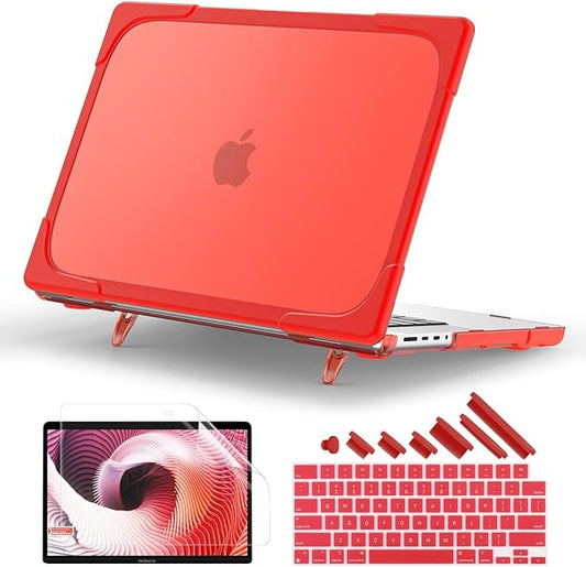 Batianda Heavy Duty Case for New MacBook Pro 16 inch 2026 M5 2024 M4 2023 M3 2021 M2 Pro Max Chip- Ergonomic Foldable Kickstand (Holds 22lbs/Zero Wobble) Matte Translucent Rugged Armor Cover, Red