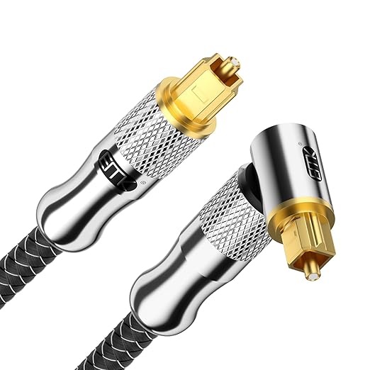 EMK Premium 24K Gold-Plated Right Angle Optical Cable – 90° Toslink to Toslink (0.6M/2Ft), 360° Rotatable for Soundbars, TVs & Home Theater