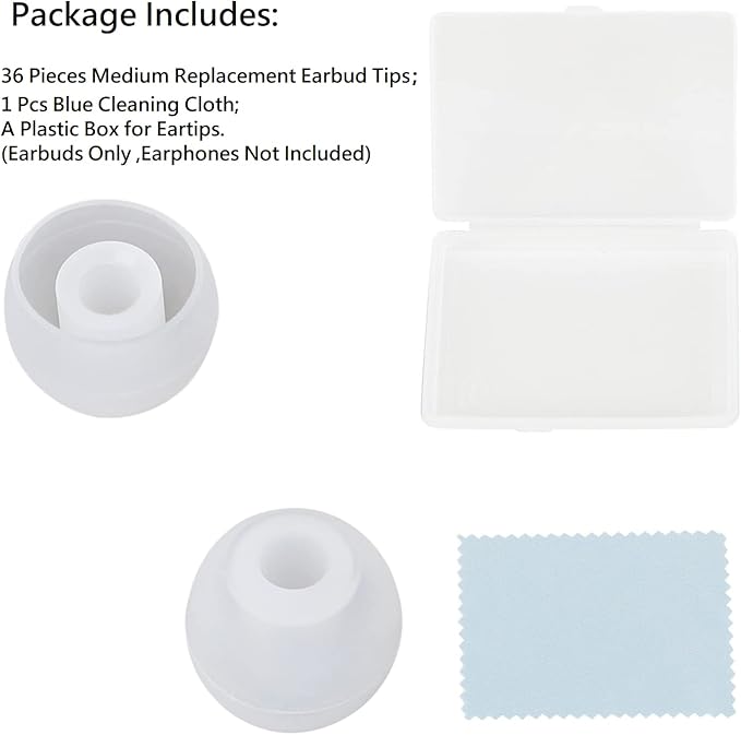 CYADCI 36 Pieces Medium Earbud Tips Soft and Comfortable Ear Bud Replacement Pieces Silicone Fit Most in-Ear Headphones，Inner Hole 3.8mm -5.5mm，Medium Clear White Replacement Eartips