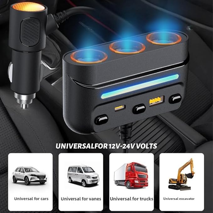 HOWDCHENG 3 - in - 1 Cigarette Lighter Adapter with PD/QC Fast Charging, Independent Switches Car Charger, RGB LED Indicator Lights - Universal Cigarette Lighter USB Charger for Cars, SUVs