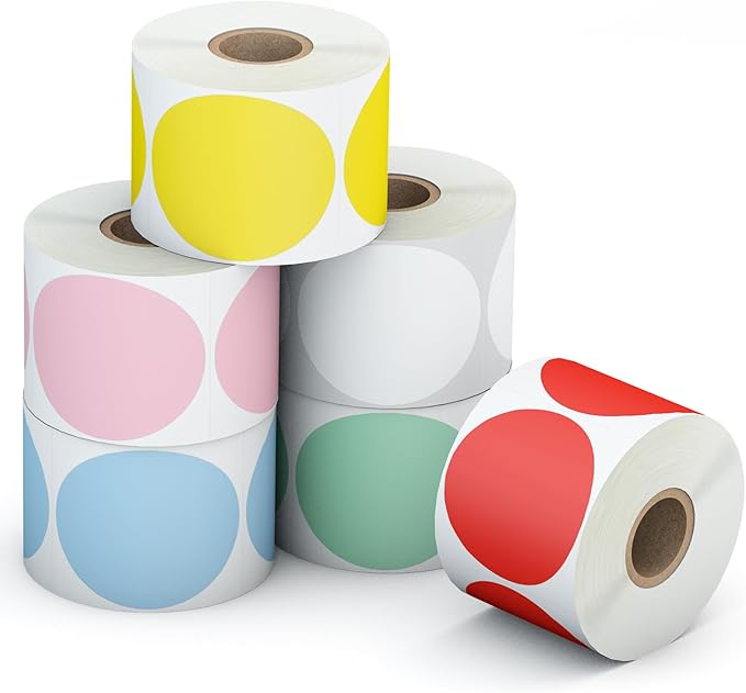 StickerTag 6 Rolls 2 Inch 6-Color Assorted Circle Direct Thermal Stickers Labels, Self-Adhesive Round Direct Thermal Labels for Business, DIY, Code, Name Tag, Envelope Seal - 4500 Labels