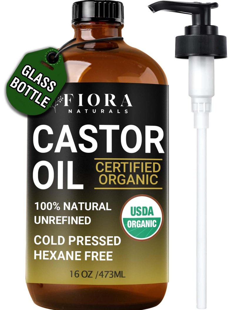 Fiora Naturals Organic Castor Oil in Glass Bottle – 16 Oz Cold Pressed & Hexane-Free – USDA Certified – Skin Moisturizer, Hair Growth Oil For Lashes, Brows, Skin & Scalp – with Pump
