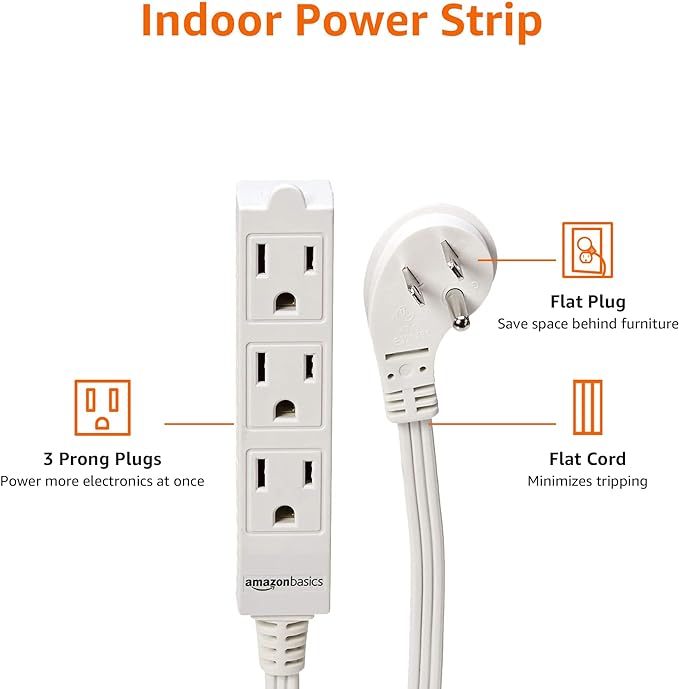 Amazon Basics 3-Prong Indoor Rectangle Extension Cord Power Strip, Flat Plug, Space-Saving, Grounded, 13 Amps, 1625 Watts, 125 VAC, 6 ft, White, 2-Pack