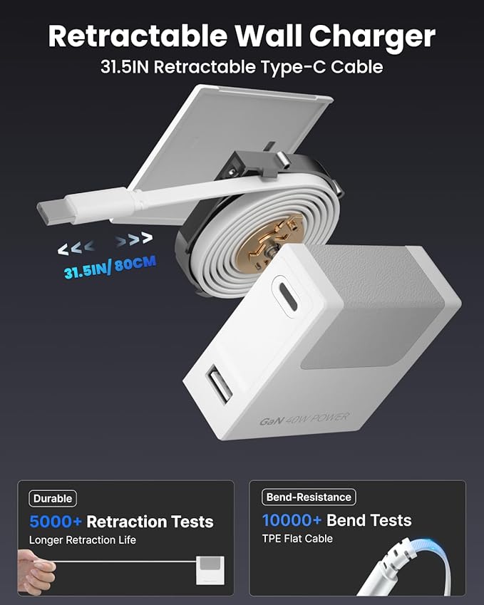 Gitryin 4 Type-C Retractable Wall Chargers with 1 USB A Port and 1 Power Strip, 12-in-1 Modular Charging Station