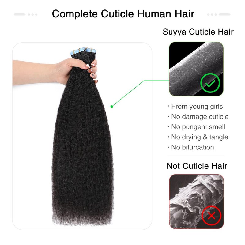 SUYYA Tape in Hair Extensions Human Hair Kinky Straight Tape in Extensions Natural Black 14 Inch Skin Weft 40g/Pack 20PCS Tape INS for Women (#1B Natural Black)