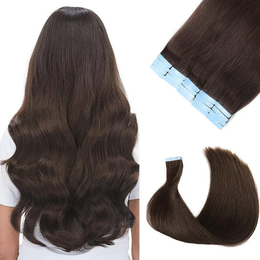 Hair Extensions Tape in Dark Brown Remy Human Hair 20pcs 50g/pack Silky Straight Seamless Skin Weft Glue in Hair Extensions 18 inches