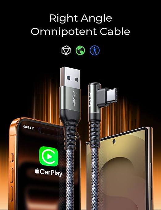 AINOPE USB to USB C Cable [2-Pack, 6.6ft] 3.1A Type C Charger Fast Charging, Right Angle USB C Cable for iPhone 17 Carplay Cable, Galaxy S10+ S10 S9, Note 10 9, LG V30, Moto, iPhone 16 15 Charger Cord