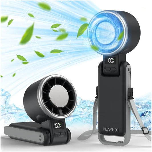 PlayHot Portable Handheld Turbo Fan - Rechargeable Ice Cooling Personal Fan, 5 Speed, 12Hrs Battery Life | Black
