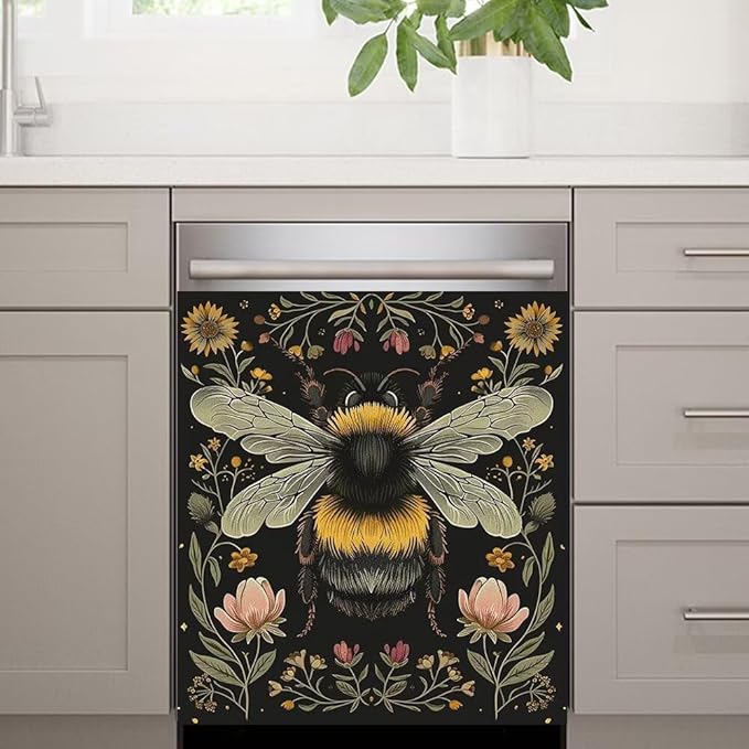 Flower and Bee Pattern Dishwasher Magnetic Cover Sticker Magnetic Refrigerator Full Door Cover Sticker Kitchen Decor Panel Decal 23W x 17H inchs