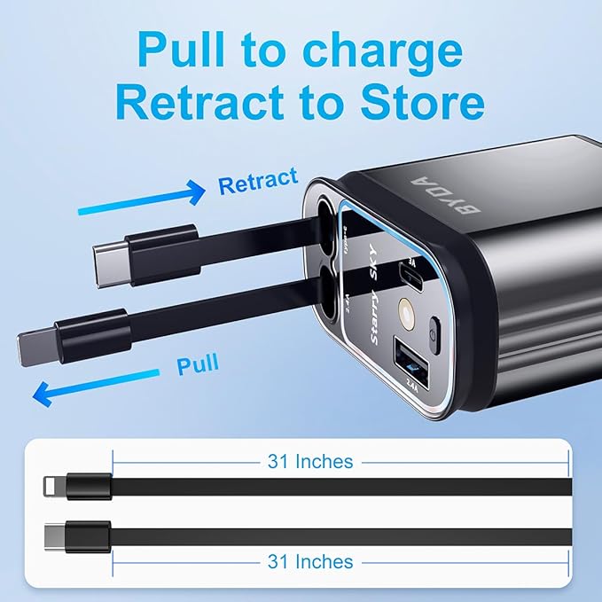 4 in 1 Retractable Car Charger with Starry Light,69W USB-C Fast Car Charger, for iPhone 17/16/15/14/13/12/11, Android,Pixel,Cigarette Lighter Charger (Lightning+USB-C & PurpleLight)
