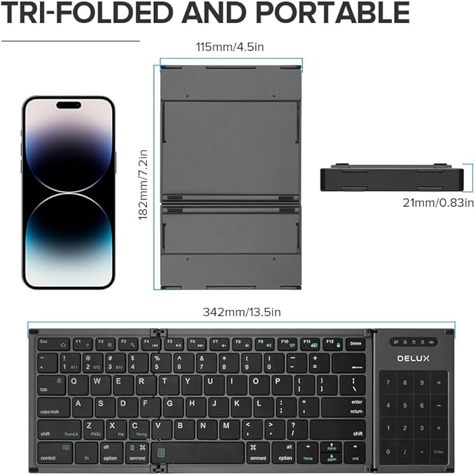 DELUX Full Size Folding Keyboard 78 Keys, Wireless Bluetooth Keyboard with 2-in-1 Touchpad, Portable Travel Multi-Device and Multi-System (KF17)