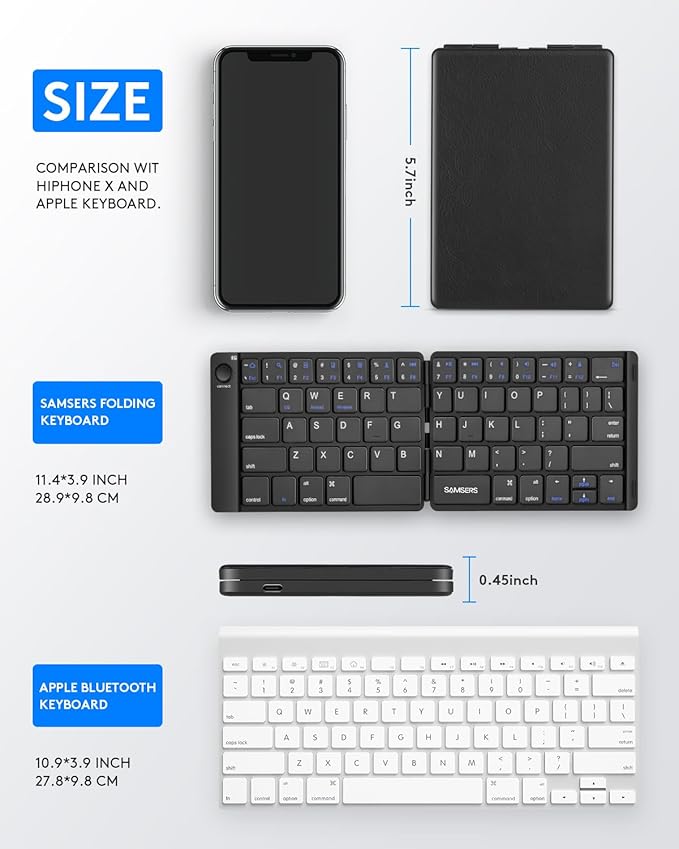 Samsers Foldable Bluetooth Keyboard - Portable Wireless Keyboard with Stand Holder, Rechargeable Full Size Ultra Slim Folding for iOS Android Windows Smartphone Tablet and Laptop, Black