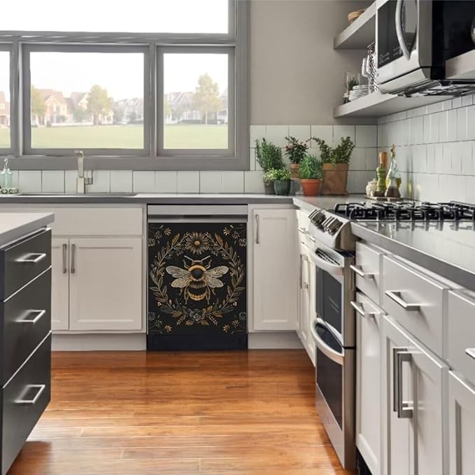 Flower and Bee Dishwasher Cover Sticker Decal, Black, Modern, Floral, Vinyl, Rectangular, Indoor, 23W x 26H inchs