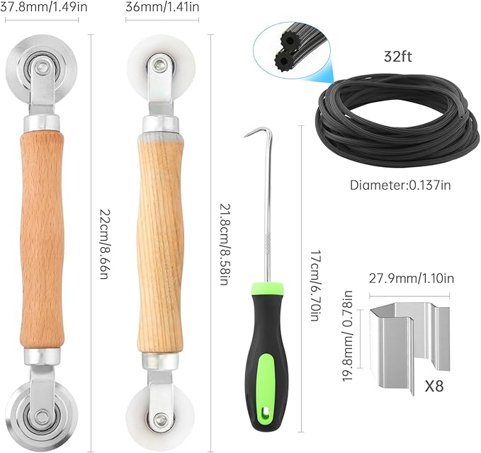 HOJLKLD Window Screen Repair Kit, Steel/Nylon Roller Tool with Bearing+8pcs Screen Clips+32ft Screen Spline+Spline Removal Hook, 5 in 1 Screen Roller Tool Kit for Installing Door Mesh Screens