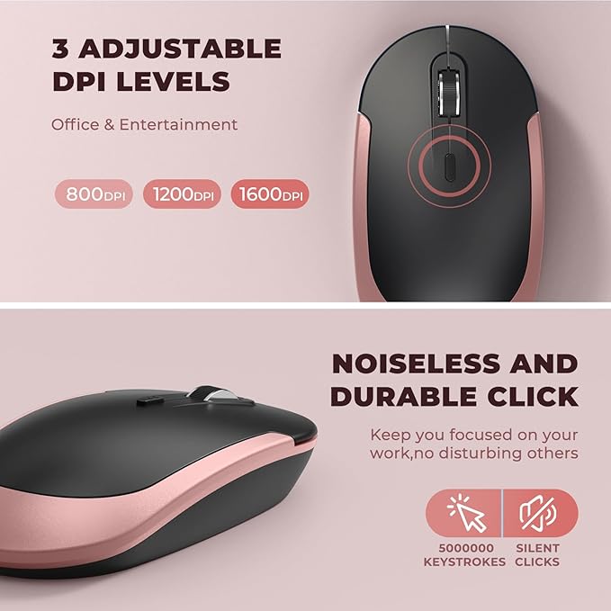 Wireless Keyboard Mouse, Vssoplor Silent Full-Size Rechargeable Combo Set Slim Design for PC, Laptop, Desktop-Black and Rose Gold