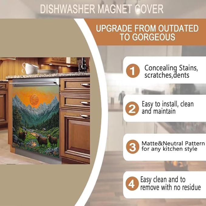 Mountain Landscape Kitchen Decor Dishwasher Magnet Cover Decal, Highland Cattle Sunset Scene Magnetic Dish Washer Panel Door Vinyl Sticker, Refrigerator Magnets,Easy to Clean, 23 x 26 inch