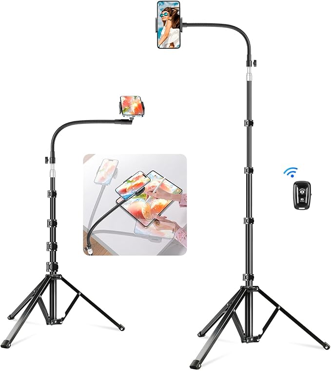 elitehood 80” Tall Phone Stand Tripod, Floor Phone Recording Holder, Heavy Duty Adjustable iPhone Tripod Stand Compatible with iPhone 15 14 13 12