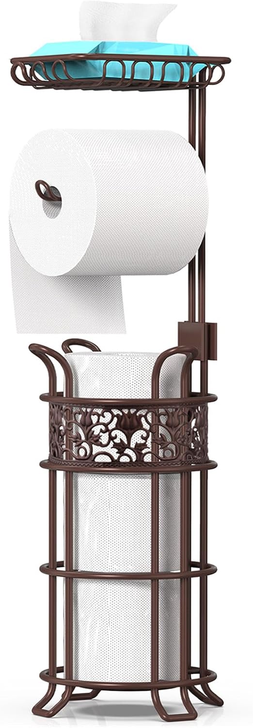 Skiennix Toilet Paper Holder Stand - Sturdy Freestanding Dispenser for 3 Jumbo Rolls | Floral Pattern, Bronze Red