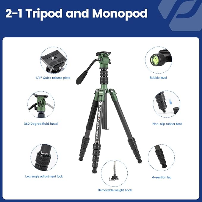 Fotopro 62" Carbon Fiber Camera Video Tripod, 2.3lbs Lightweight Travel Compact Tripods with Fluid Head, Detachable Monopod with Arca-Swiss Quick Release Plate, Load up to 11lbs,Compatible with DSLR
