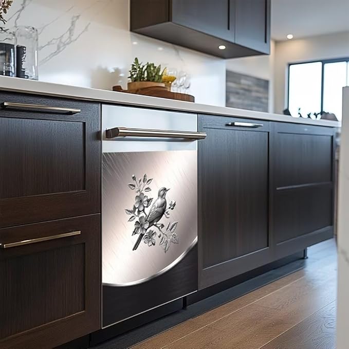 Dishwasher Covers Decorative Magnetic Sticker Sweet Home Fridge Magnetic Sticker,Stainless Steel Design Bird and Flower Pattern Refrigerator Magnets Kitchen Decor Magnetic Panel Decal 23W x 26H inchs