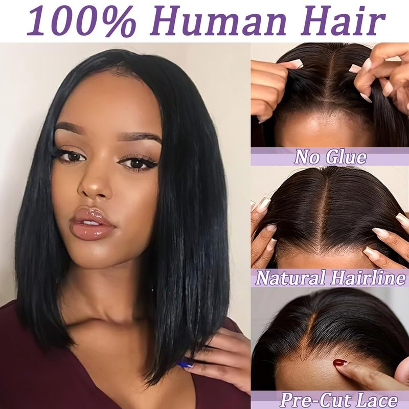 Pinketer Glueless Wigs Human Hair Pre Plucked Pre Cut Wear and Go Straight Bob Wigs 4x4 Lace Closure Wigs 180% Density Short Human Hair Wigs for Black Women (Glueless Wig, 12inch)