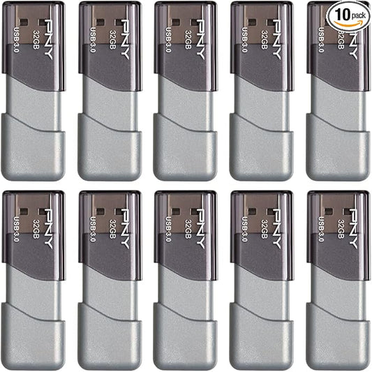 PNY 32GB Turbo Attaché 3 USB 3.0 Flash Drive, Silver (Pack of 10)