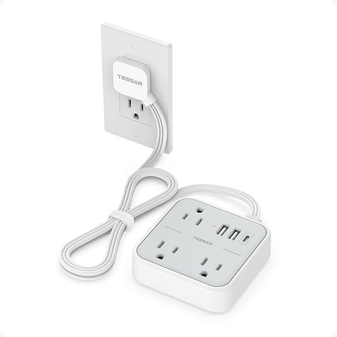 TESSAN Ultra Thin Flat Extension Cord 3 FT, Slim Power Strip with USB Ports (1 USB C), Surge Protector Flat Plug Wall Charger with 3 Outlets for Office, School, Dorm Room Essentials, Grey