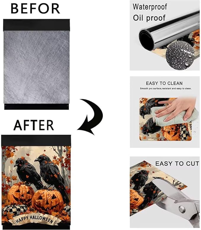 Generic Crow and Pumpkin Maple Leaf Dishwasher Face Cover, Fridge Door Cover, Decorative Stickers, Happy Halloween Pattern, 23x26