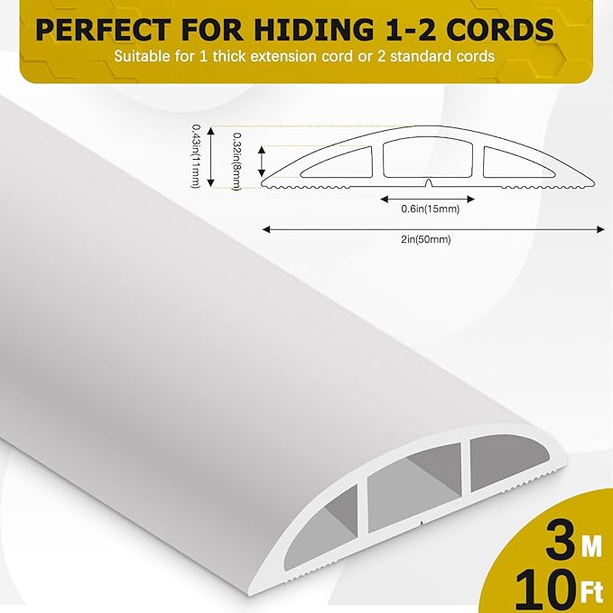 JAHOMFAI Floor Cord Cover 10FT Cord Covers for Wires on Floor Protect Wires & Prevent Trip Hazards, Easy to Cut for Home, Office, School, Concerts, Cavity W0.6in x H0.32in