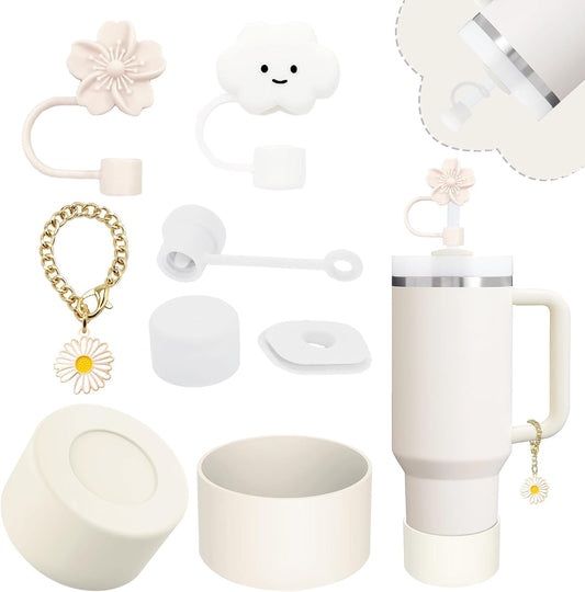 Stanley - Cup Accessories Set with Straw Cover, Spill-Proof Stopper & Flower Handle Charm - Cream