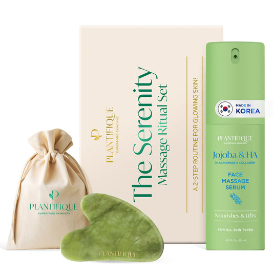 PLANTIFIQUE Massage Set: Jade Gua Sha & Korean Face Serum for Glowing Skin