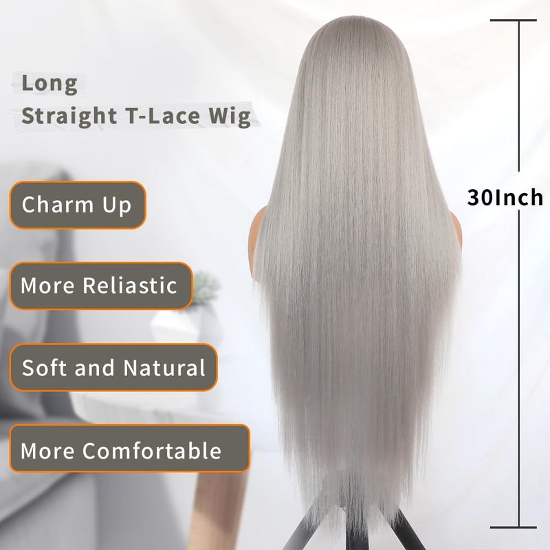 Conkolar Long Hair Wigs for Women Gray Color Synthetic Lace front Wig Middle Part Natural Hairline Pre-Plucked Long Straight Wigs