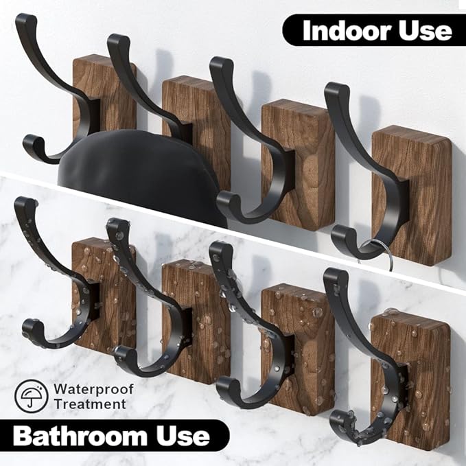IURRDOP 4 PCS Black Walnut Wood Wall Hooks Adhesive Mounted & Wall Mounted Rustic Decorative Entryway Hooks Mid Century Modern Natural Wooden Pegs for Hanging Coat Clothes Hat Bag Purse and Towel