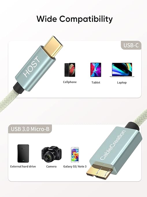 CableCreation USB C to Micro B Short Cable 1FT, 10G Micro B to USB C 3.1 External Hard Drive Cable for iPhone 15/16/17,Samsung Galaxy S24,Seagate WD Westgate My Passport,MacBook Pro/Air, iPad/Tablet