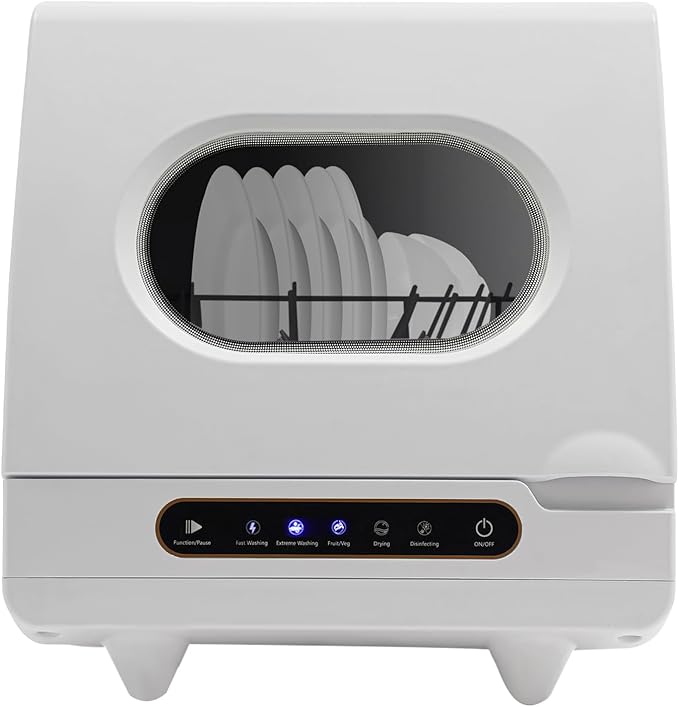 Portable Countertop Dishwasher, 1200W 110V Compact Dishes Cleaner with 360° Dual Spray& 5 Programs(Quick Wash/Strong Wash/Fruit & Veg Wash/Air Dry), Mini Dish Washer for Home, Dorm, RV & Apartment