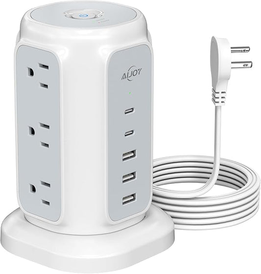 AiJoy Flat Plug Power Strip Tower 9 Outlets and 5 USB Ports (2 USB-C), 1200J Surge Protection, 6.5ft 1625W Extension Cord Charging Station for Home, Office Supplies, Dorm Essentials