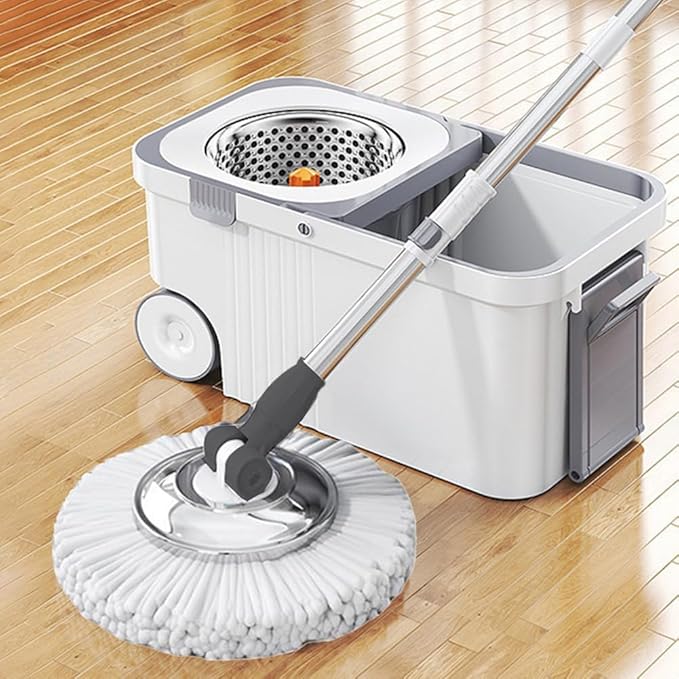 360 Spinning Floor Cleaning System with 6 Replacement Head Refills Extended Handle Household Cleaning Automatic Hand-Free Automatic Dehydration Mop for Household Floor Cleaning (White Blue)