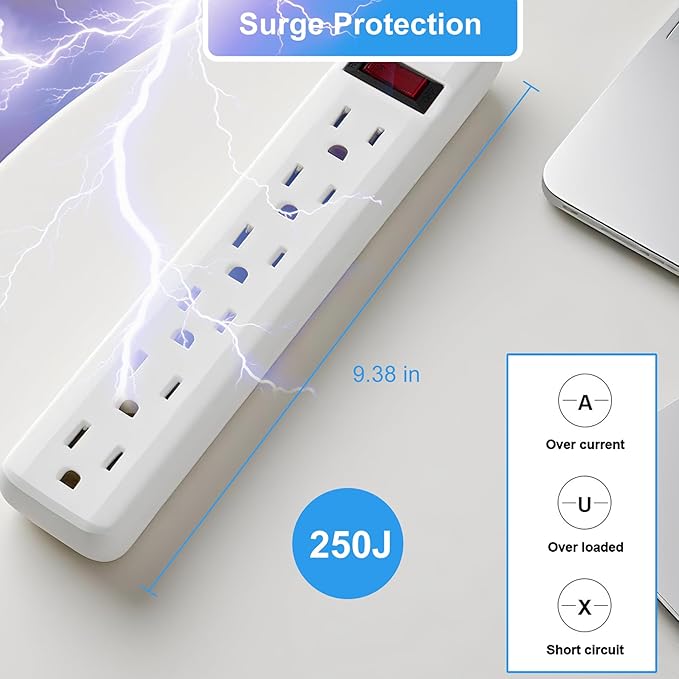 PowerEnvy 6-Outlet Surge Protector – 250 Joules, 2ft Cord, 15A/125V, 1875W Max – Right Angle Plug, Black – Home, Office, & Electronics Protection