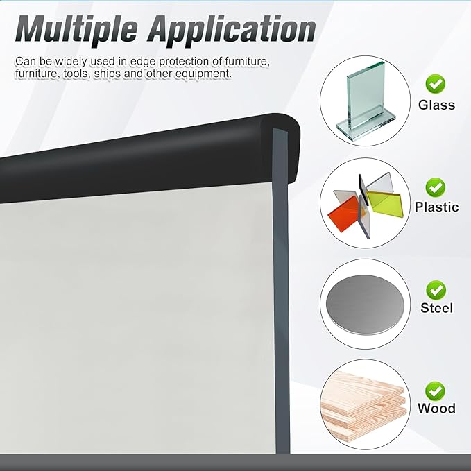 Rubber Edge Trim, Self Adhesive U Channel Edge Trim, U Shaped Trim for Plywood, Glasses, Mirror, Flexiglass, Sharp Edge Parts, Size 5/16" (8mm), Length 20Ft, Black Color, Peel and Stick Plastic Trims