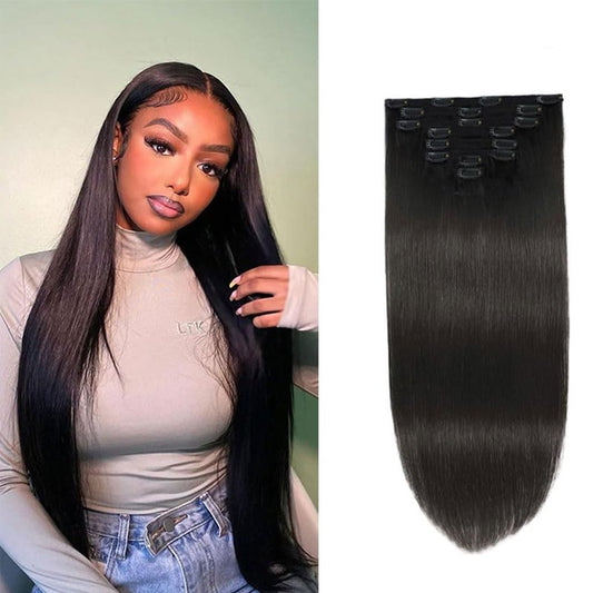 Clip In Hair Extensions Real Human Hair 16 Inch Straight Hair Clip in Hair Extensions Human Hair 120g 1B Natural Black Silky Thick Real 100% Human Hair for Women Virgin Hair