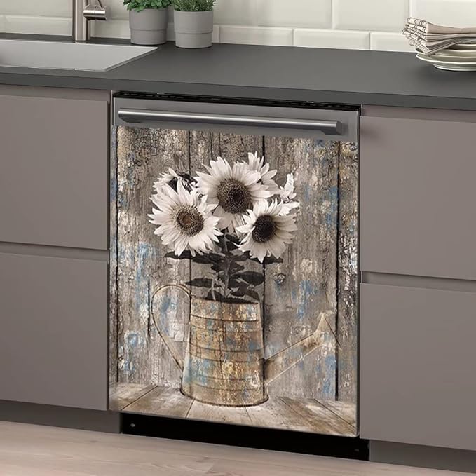 Vintage Wood Dishwasher Magnetic Cover For Door Front,Rustic Wooden Refrigerator Magnet Decor Sunflower Sticker,Country Wood Dishwasher Magnet Panel Decal For Fridge Home Appliance 23"x17"